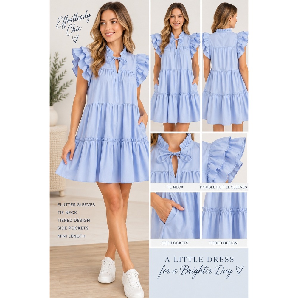 Talulah Light Blue Tiered Mini Dress Ruffle Flutter Sleeve Tie Neck Small NWT